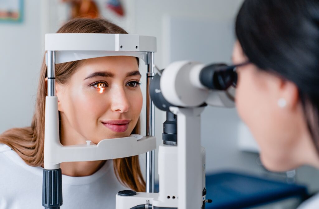 An optometrist evaluates a patient's eye health to determine suitable contact lenses.