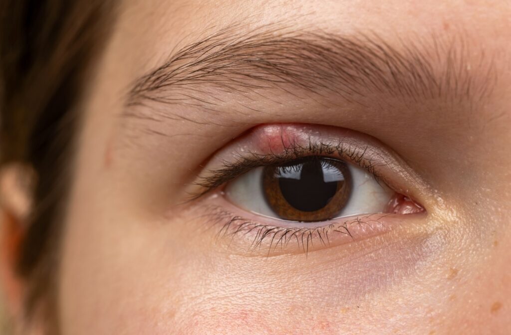 Close-up of a blue eye showing mild redness and irritation at the lower inner corner of the eyelid.