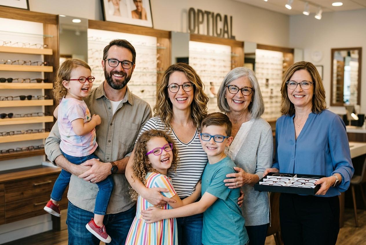 A smiling family wearing glasses poses with an optician holding a frame tray inside an optical shop with eyeglass displays.