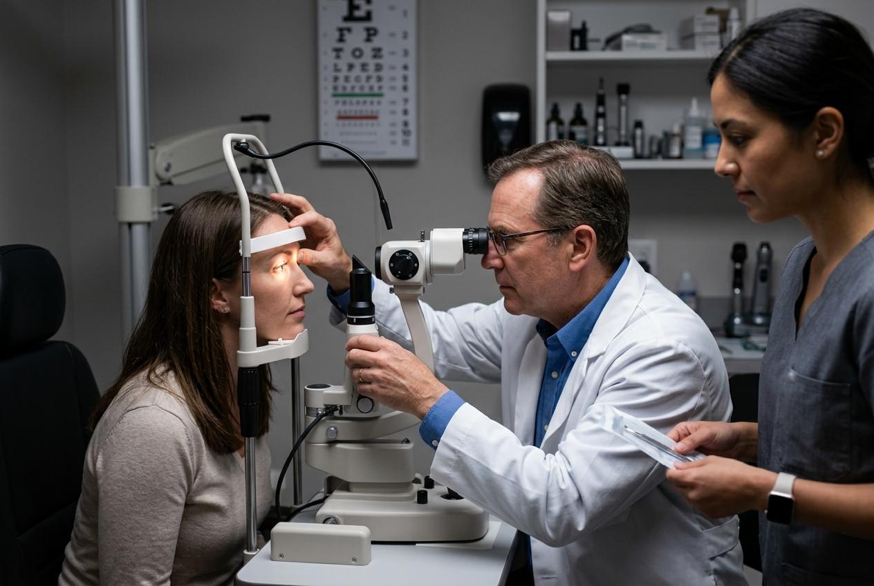 Optometrist examines a woman's eye with a slit lamp as an assistant holds a tray nearby in an exam room.