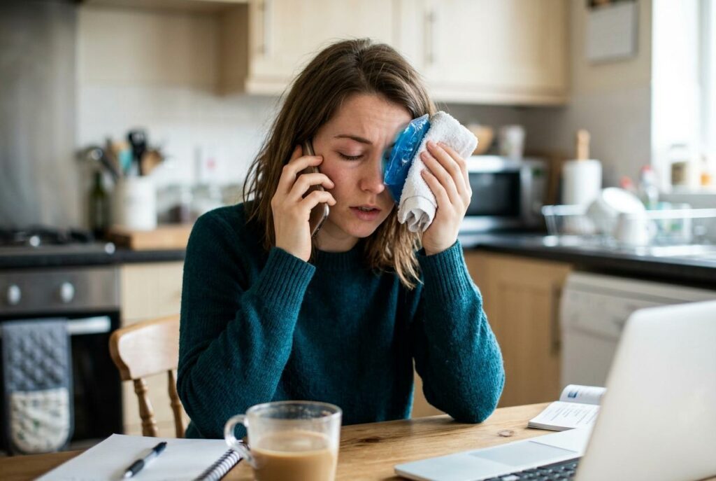 Woman on phone holds ice pack to her forehead at a kitchen table with laptop and coffee, eyes closed.