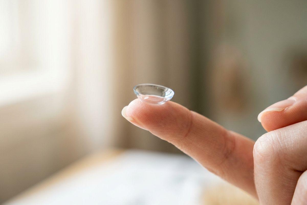 Close-up of a clear contact lens balanced on the tip of a person's index finger.