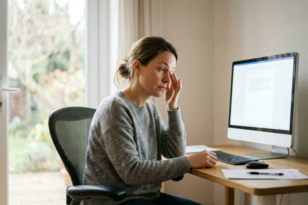 Person rubbing eye while looking at a computer screen at a desk by a window, appearing tired.