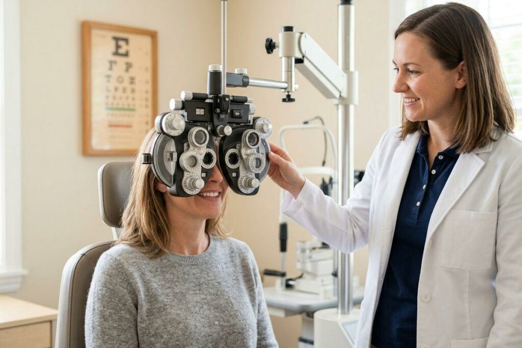 Optometrist adjusting a phoropter for a smiling patient during an eye exam, with an eye chart on the wall.