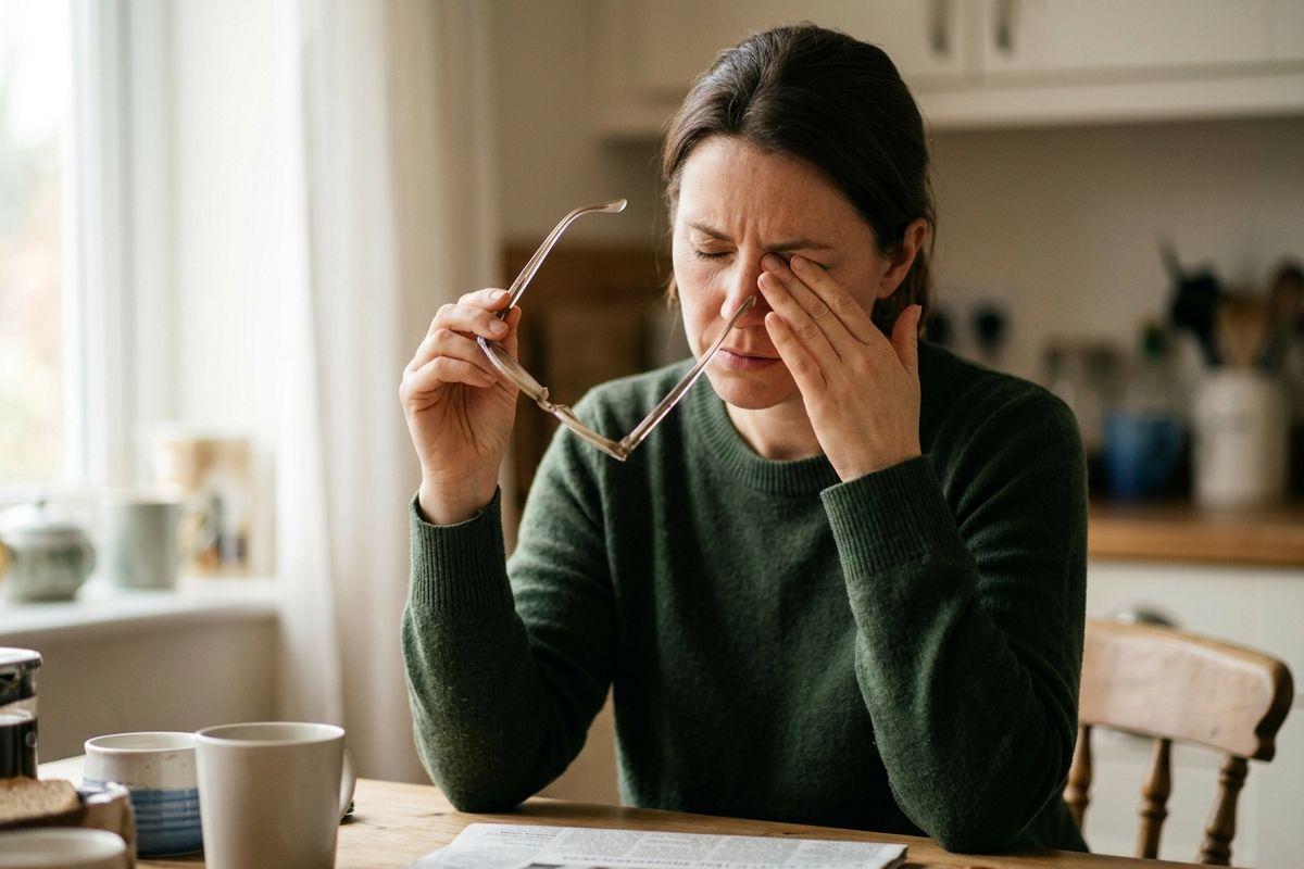 Person holding glasses, rubbing closed eyes at a kitchen table with mugs and a newspaper.