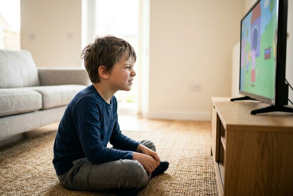 Child sitting cross-legged on a rug, watching a cartoon on a television in a living room.