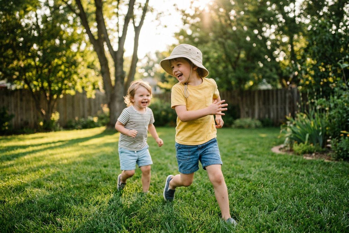 Two laughing children run across a grassy backyard with trees and a wooden fence behind them.